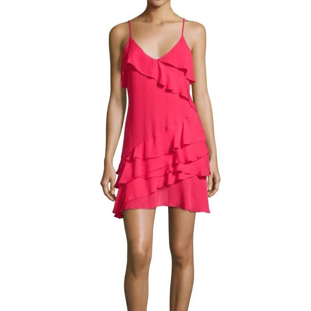 Parker NWT Athens 100% Silk Watermelon Pink Tiered Ruffle Mini Cocktail Dress